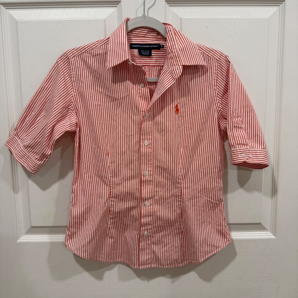 Ralph Lauren Sport Red White Striped Cotton Button Down Shirt Elbow Sleeve Sz 2